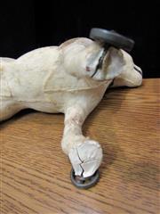 RARE ANTIQUE LATE 1800'S MOLDED CARDBOARD SPOTTED DOG W/GLASS EYES ON WHEELS